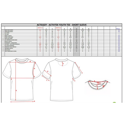 Youth tee size chart with diagrams.