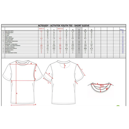 Youth tee size chart with diagrams.