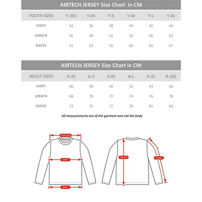 Jersey size chart in centimeters.