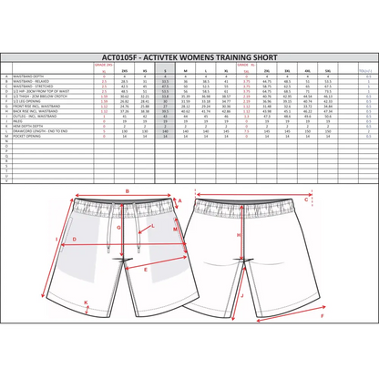 Women’s training short size chart.