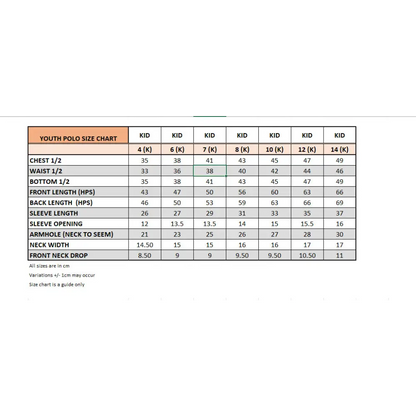 Youth polo size chart.
