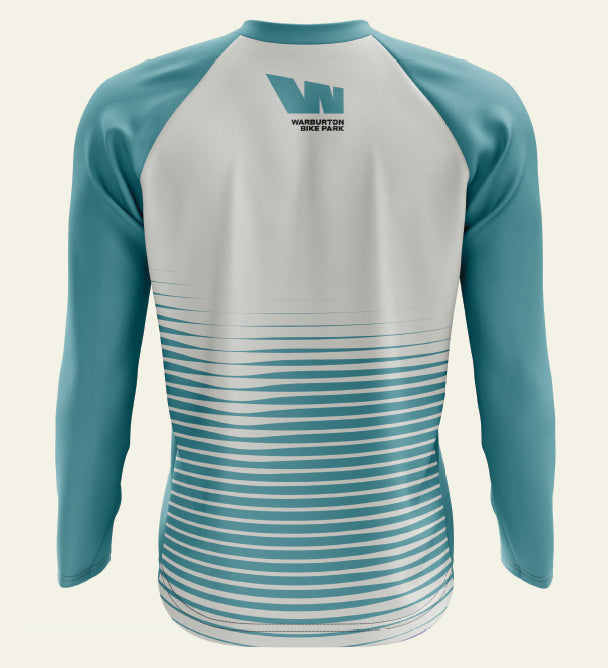 Long-sleeved teal and white shirt.