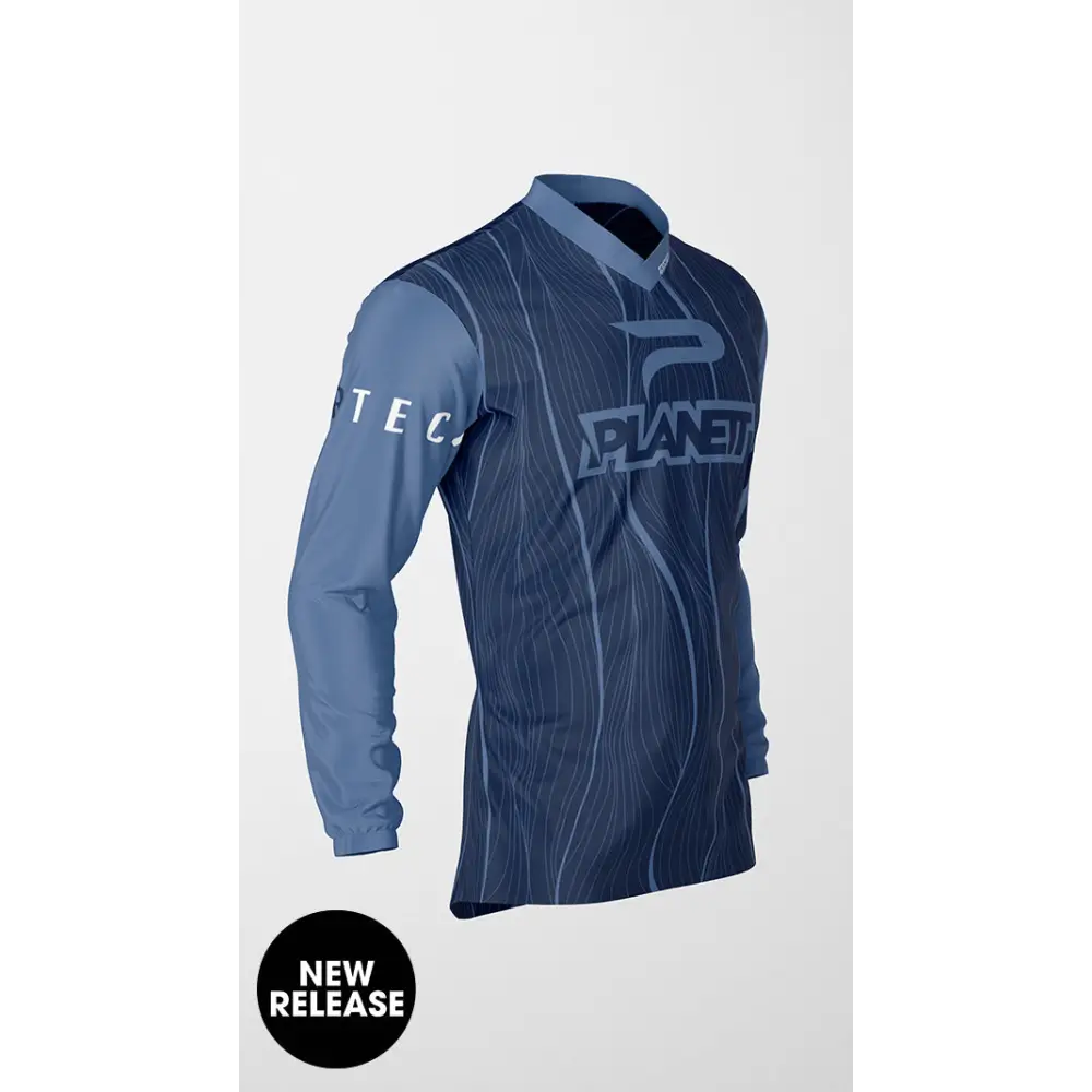 Blue long-sleeved jersey.