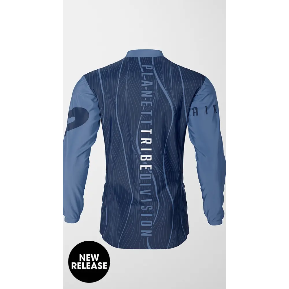 Blue long-sleeved shirt.