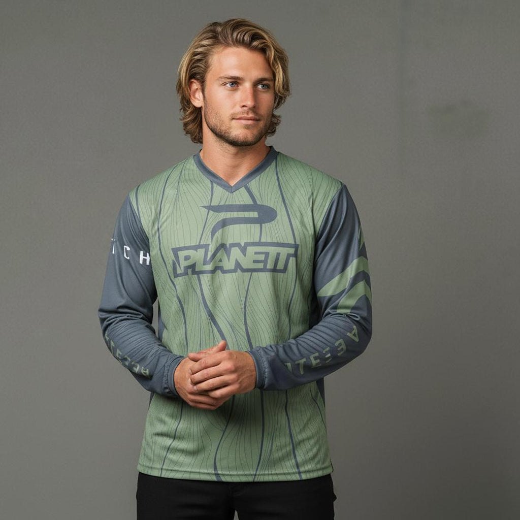 Men’s green and gray long-sleeved athletic jersey.