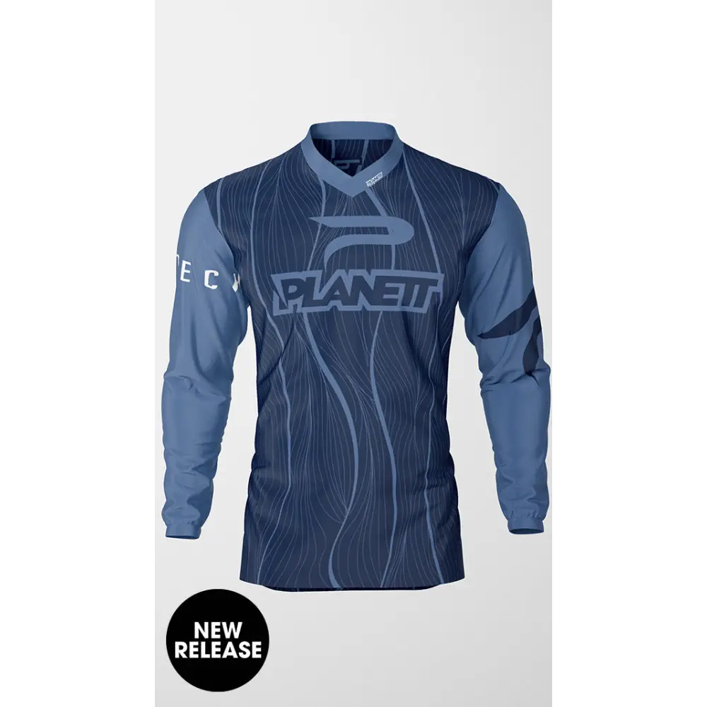 Blue long-sleeved jersey.