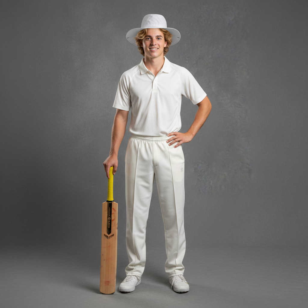 Young male cricket player in white uniform holding a bat.