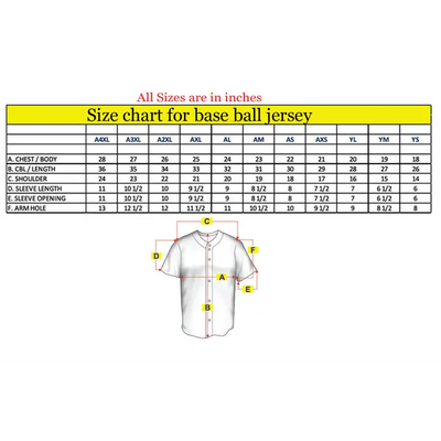 Baseball jersey size chart.