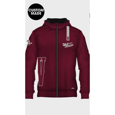 Maroon custom-made hooded jacket.