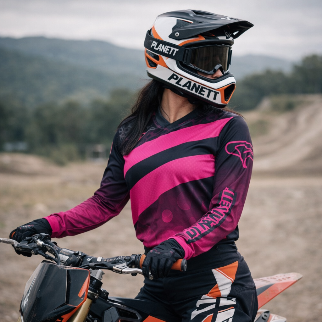 Black, pink and orange planett motocross helmet with a visor