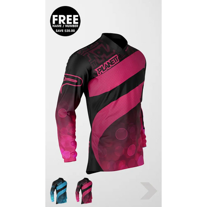 Black and pink long-sleeved jersey.