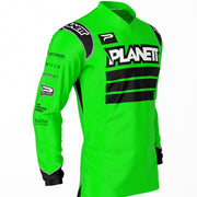 A vibrant green long-sleeve athletic jersey with black accents and various sponsor logos.