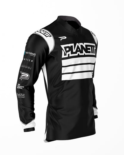 A black long-sleeved athletic or racing jersey with white accents and branding.