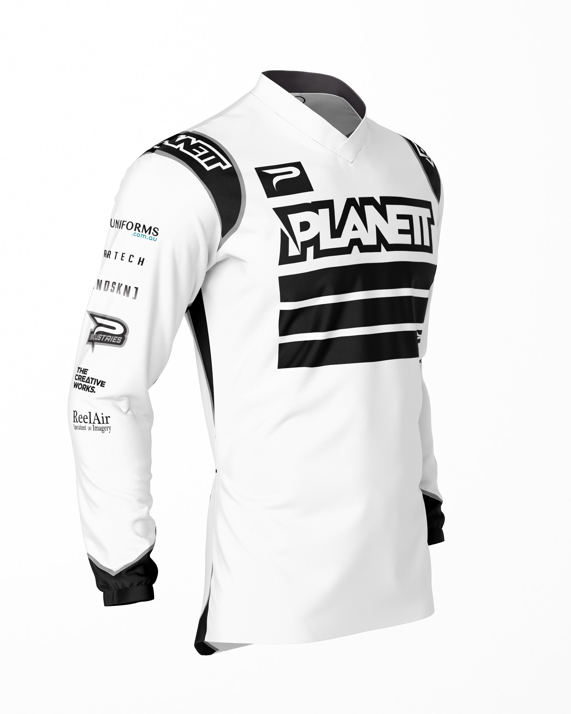 A long-sleeved white and black athletic jersey with brand logos and sponsorship text.