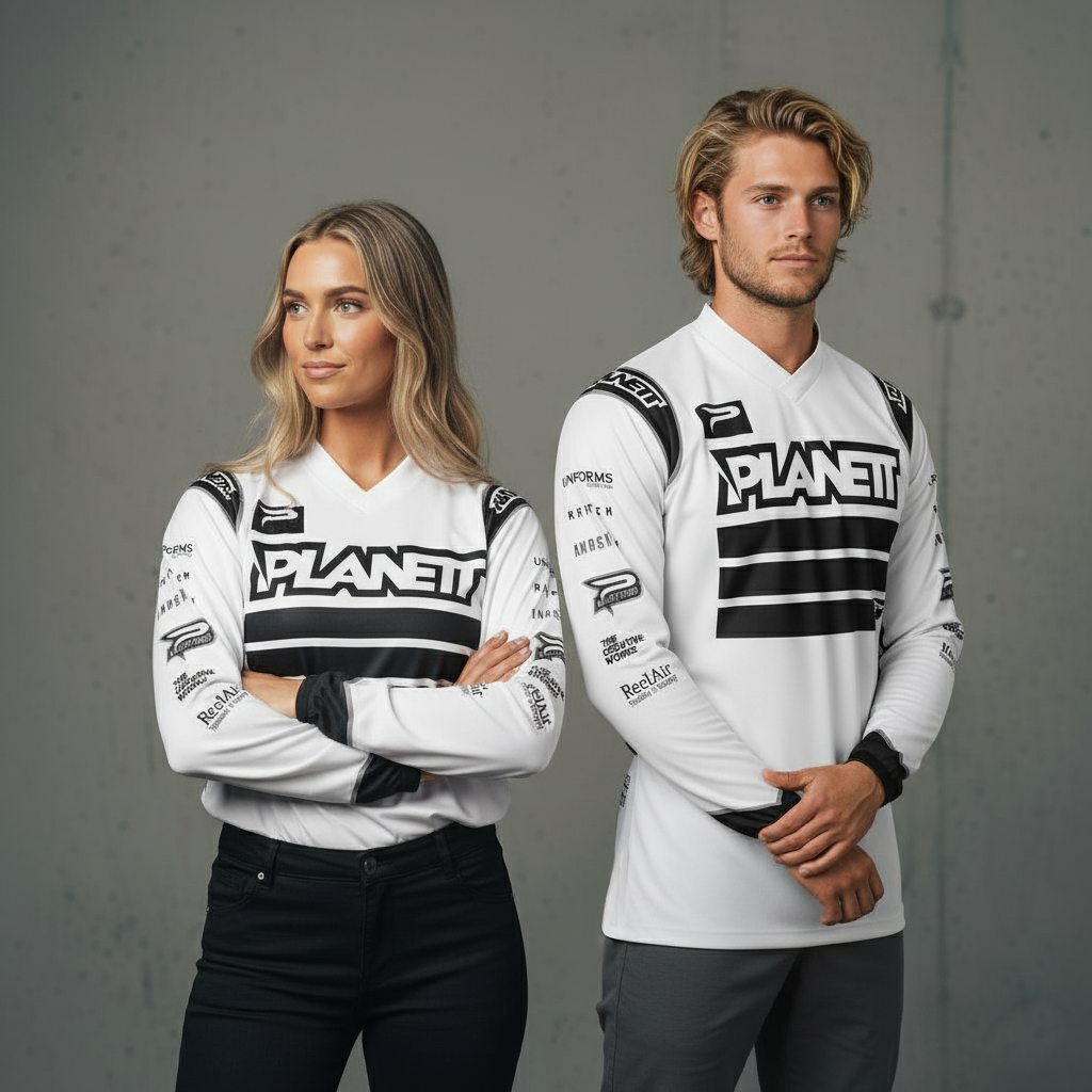 White long-sleeved athletic jerseys with black accents