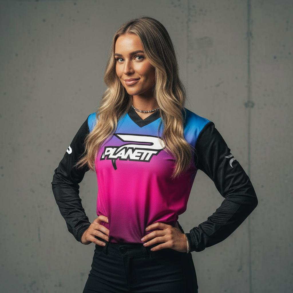 Woman with long, wavy blonde hair wearing a pink, blue, and black long-sleeved athletic shirt and black pants.