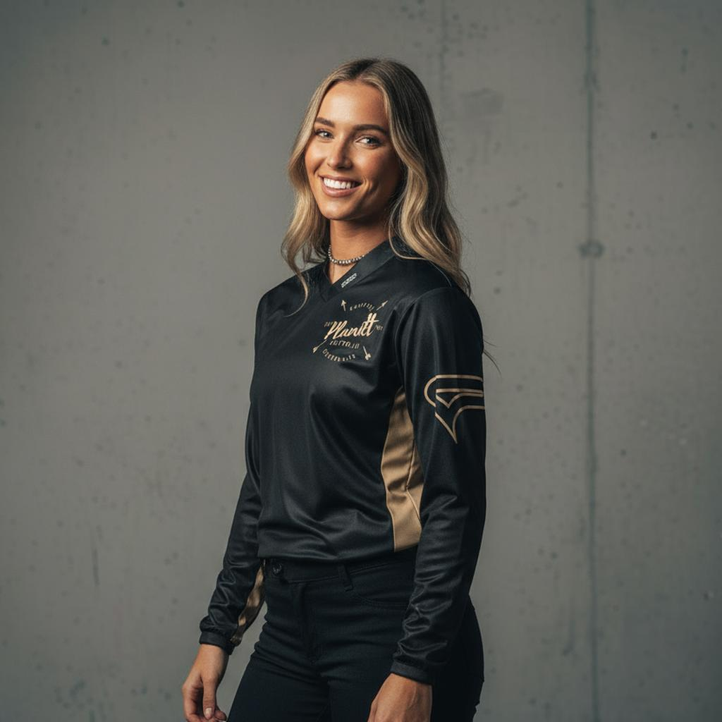 A smiling woman with long blonde hair wearing a black and gold long-sleeved athletic top and black pants.