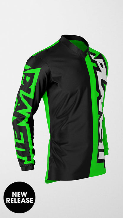 Black and neon green long-sleeve athletic jersey.