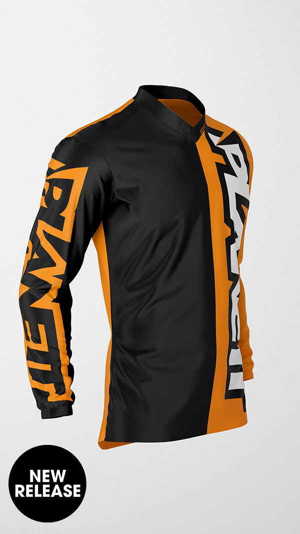 Black and orange long-sleeved athletic jersey with a high collar.