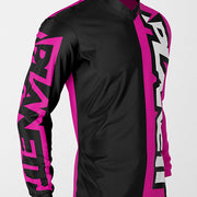 Black and pink long-sleeve athletic jersey.