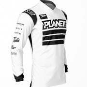 A long-sleeved white and black athletic jersey with brand logos and sponsorship text.