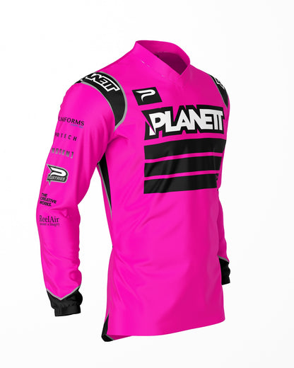 Hot pink long-sleeved athletic jersey with black accents.