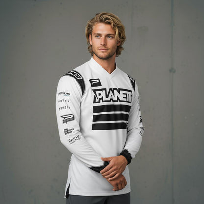 Men’s white long-sleeve athletic jersey with black accents.