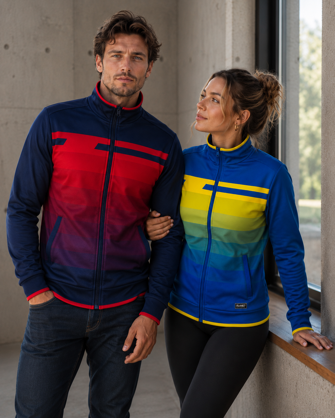 Two people wearing colorful athletic jackets standing close to each other indoors.