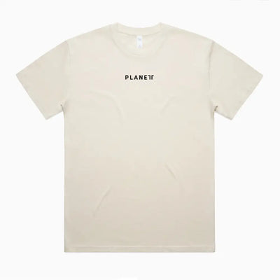 Beige t-shirt with black text.