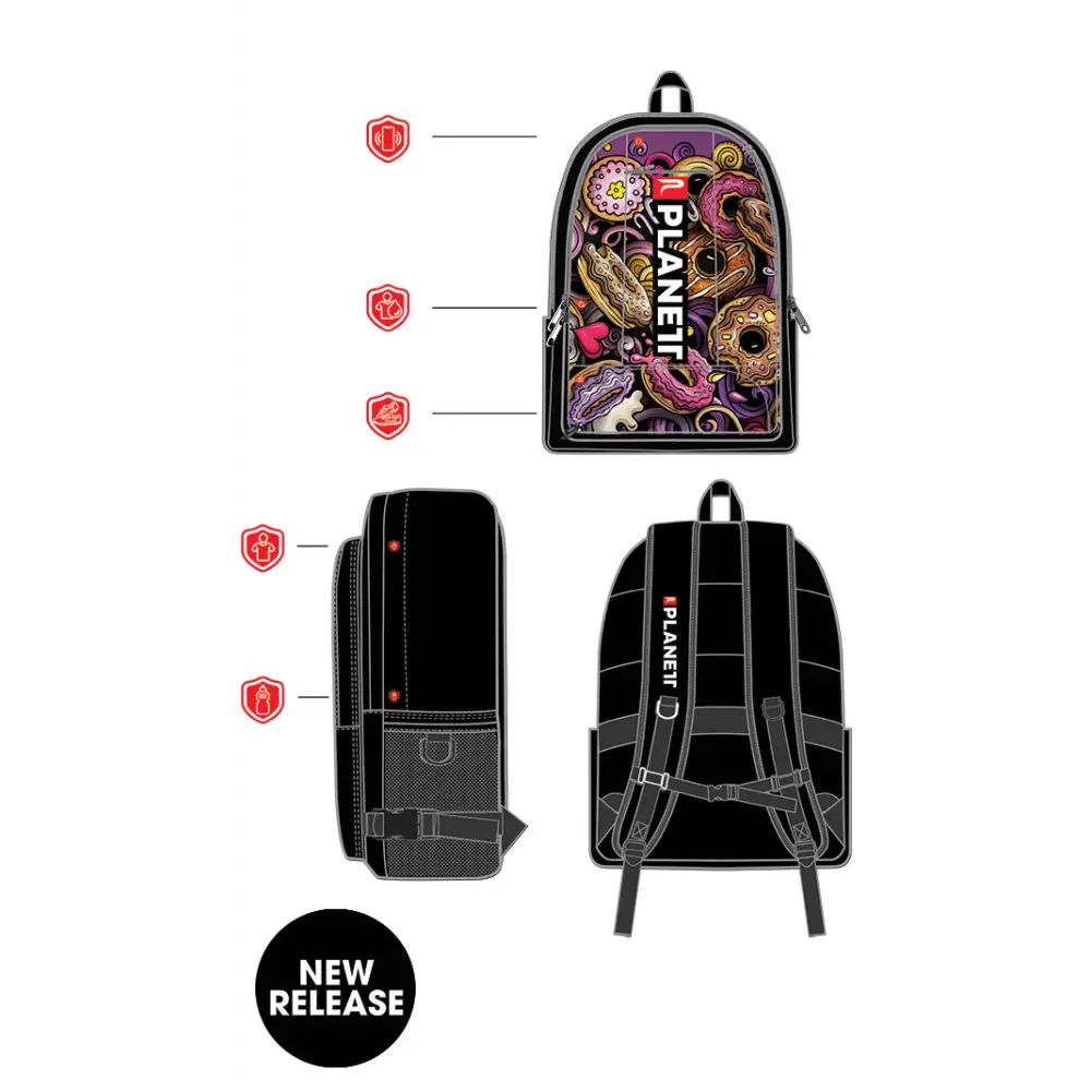 Backpack with donut pattern.