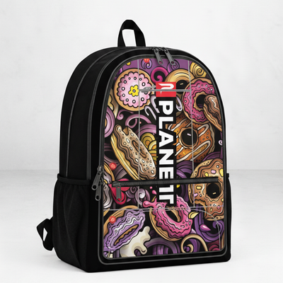 Black backpack with colorful donut design and ’nplane’ logo.