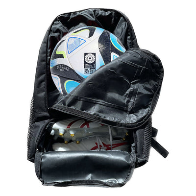 Black backpack with mesh sides and a zippered compartment, containing a white soccer ball with blue and green accents.