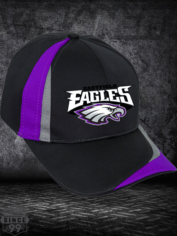 Black baseball cap with purple and gray stripes and an ’Eastfield Eagles’ logo.