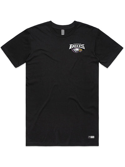 Black crew neck t-shirt with an eagle logo on the left chest.