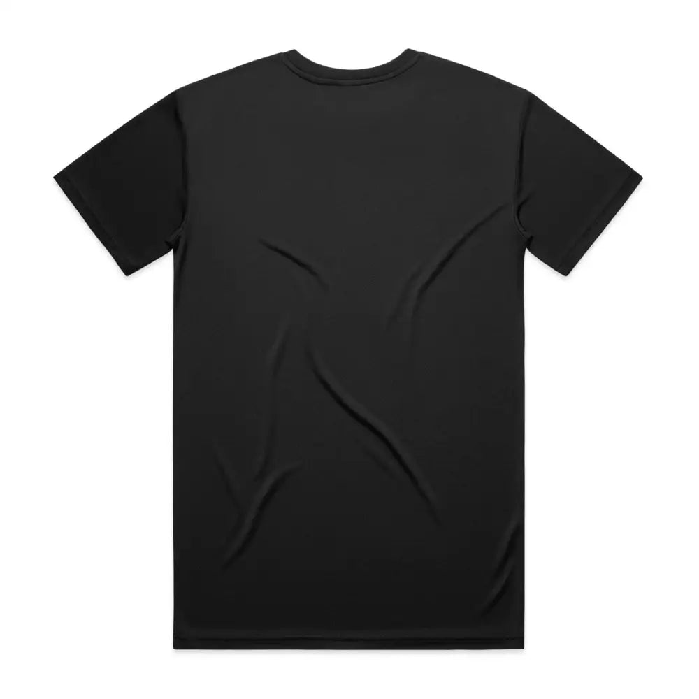 Black short-sleeved t-shirt.
