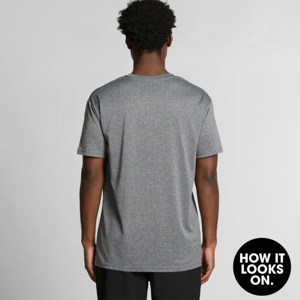 Gray short-sleeved t-shirt.