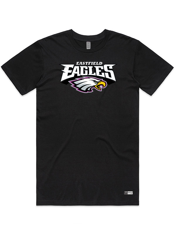 Black crew-neck t-shirt with a white and purple ’Eastfield Eagles’ logo.