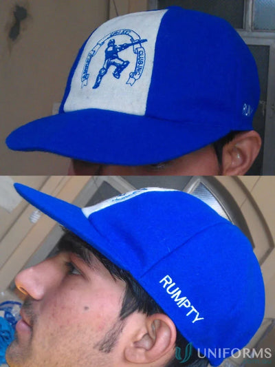 Blue and white embroidered cricket cap perfect for sports uniforms or workwear