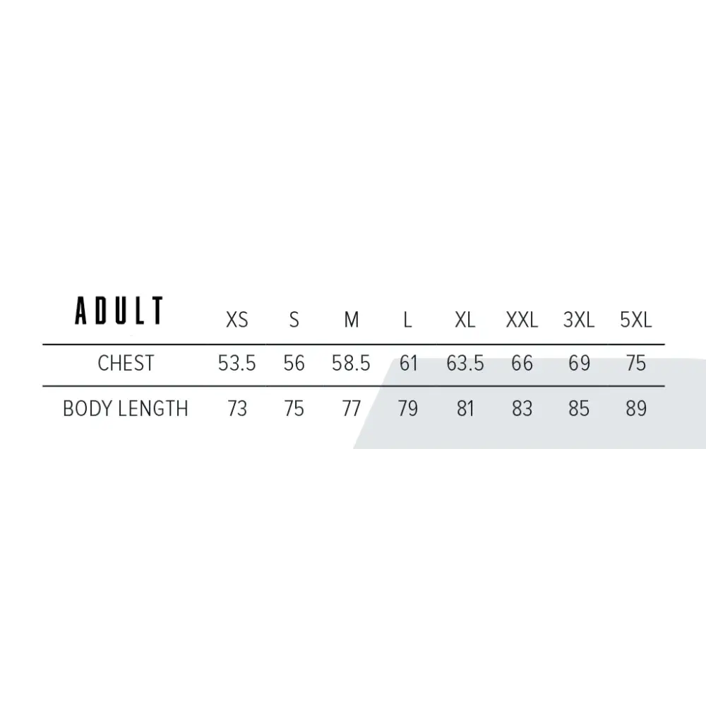 Adult clothing size chart.