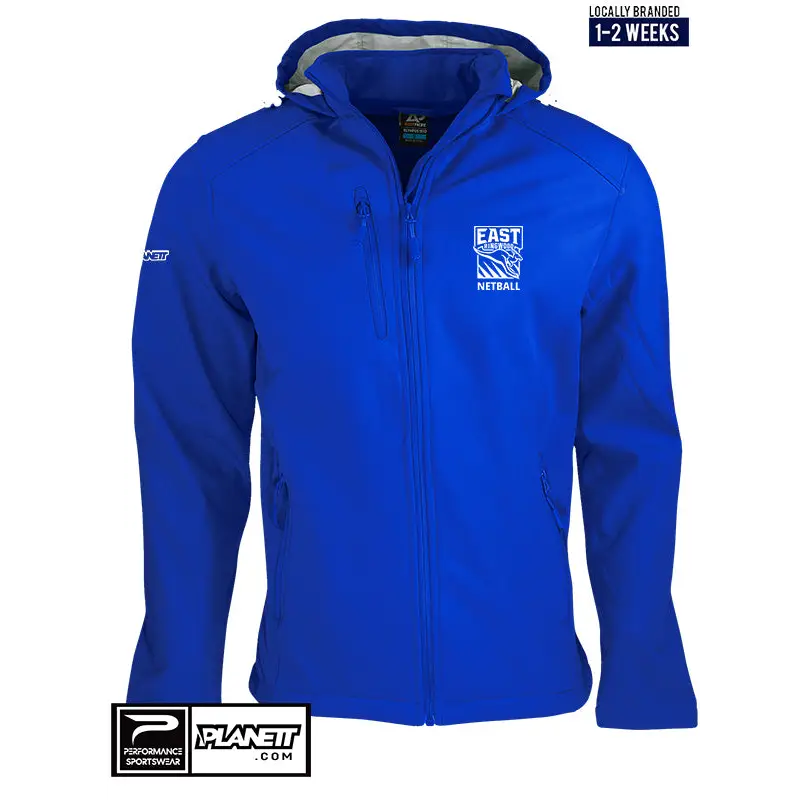 Blue hooded softshell jacket.