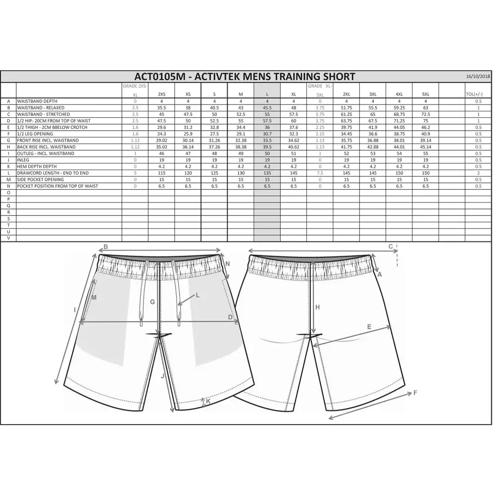 Men’s training short size chart.