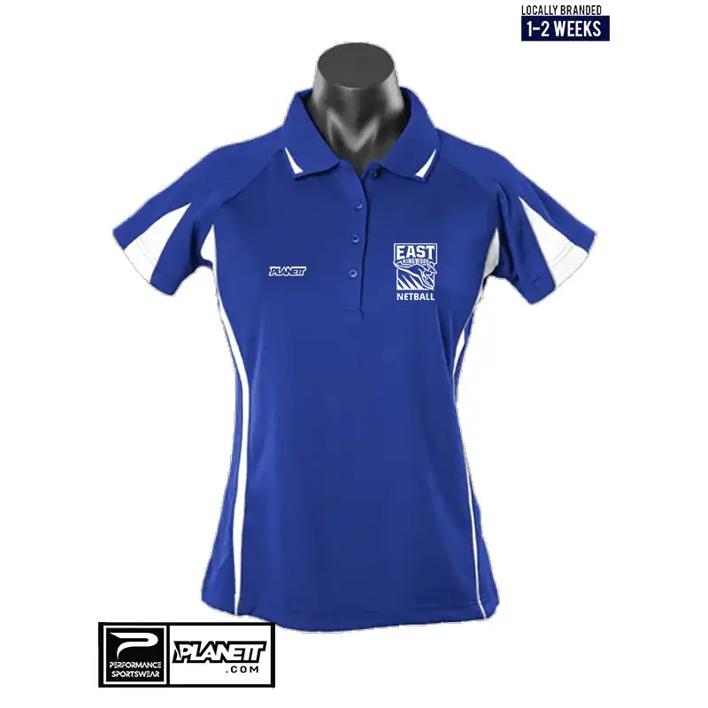 Blue and white netball polo shirt.