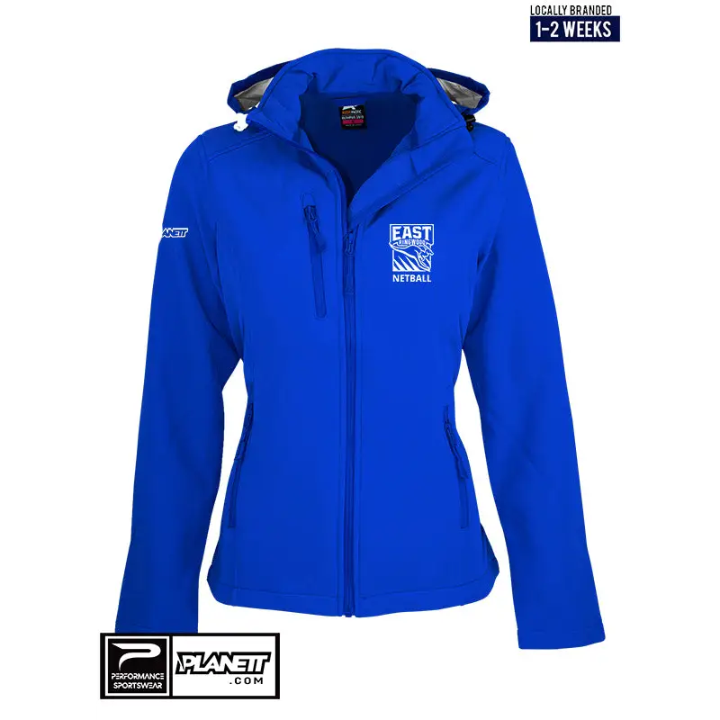 Blue hooded softshell jacket.