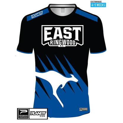 Black and blue sports jersey with kangaroo design.