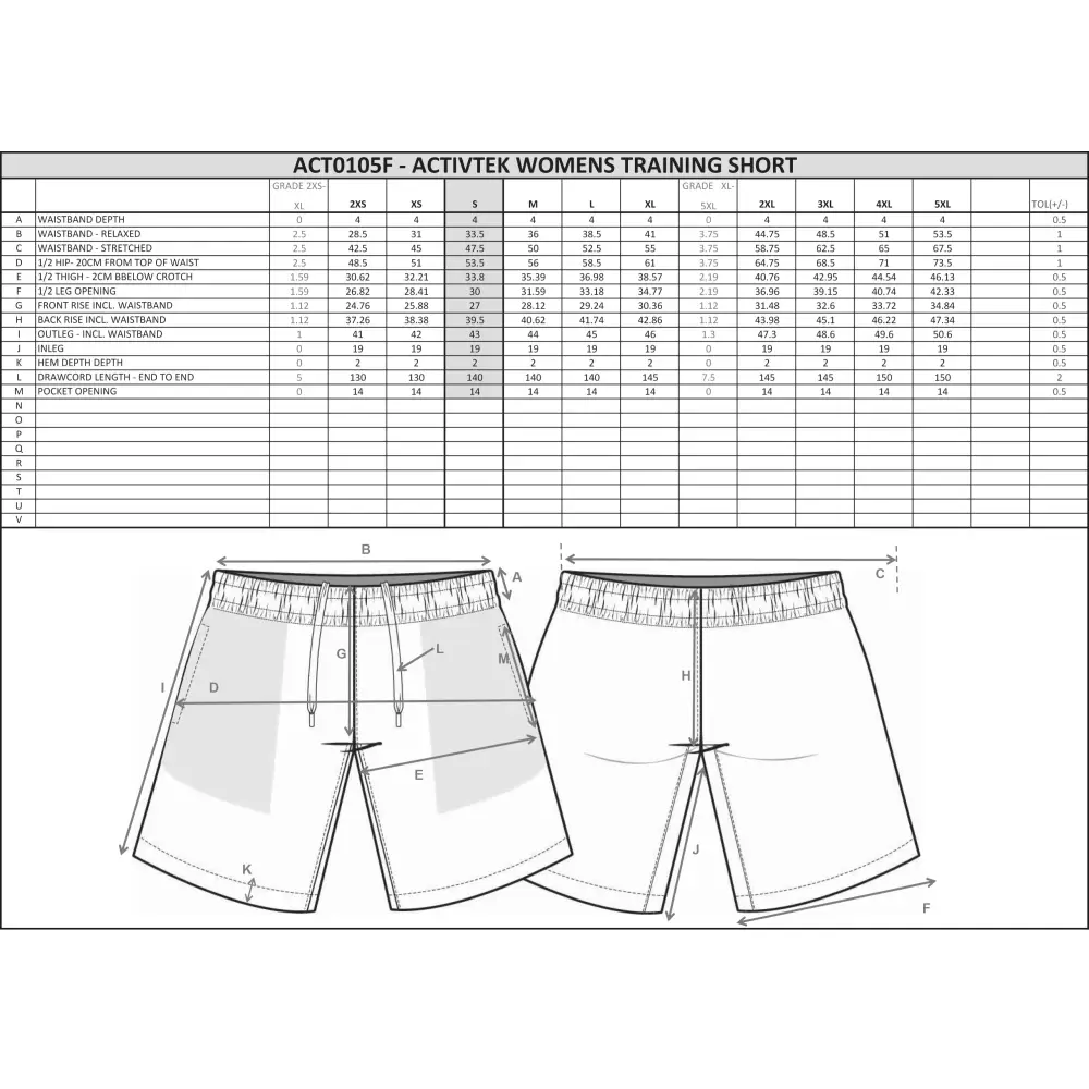 Women’s training shorts size chart.