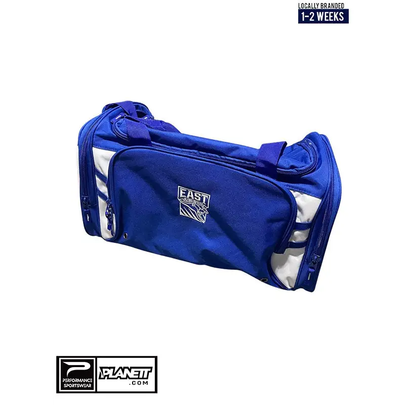 Blue and white duffel bag.