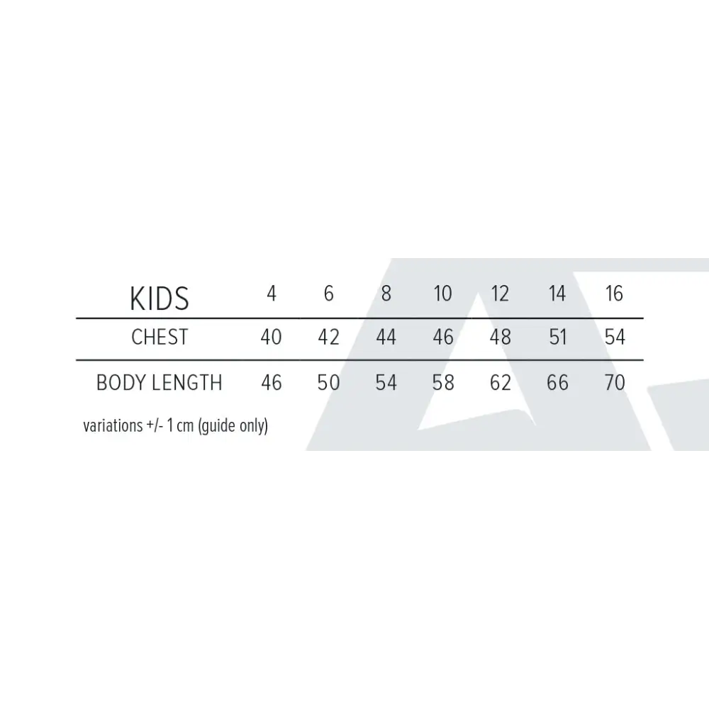 Kids’ clothing size chart.