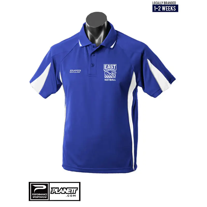 Blue and white polo shirt.