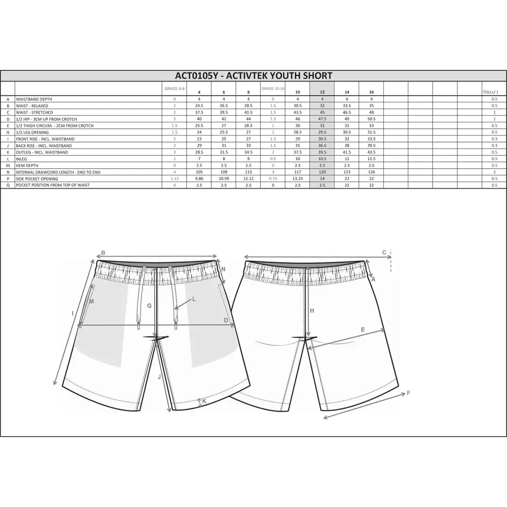 Youth shorts with size chart.