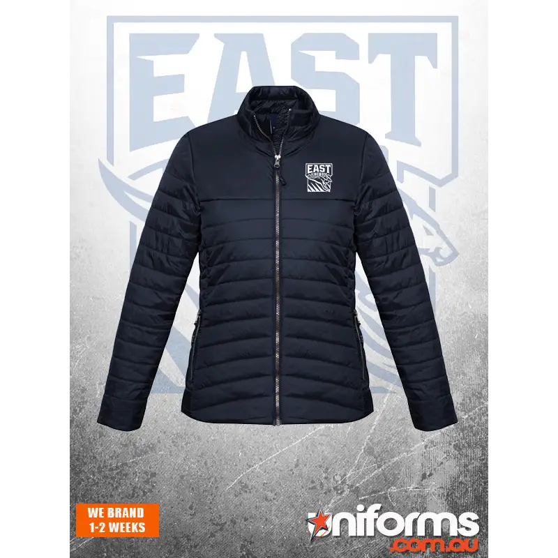 Navy blue quilted jacket.